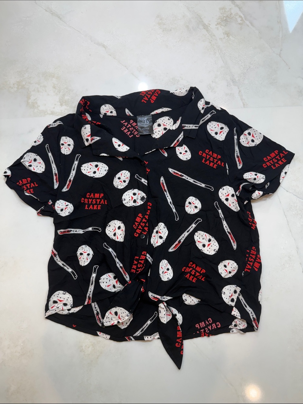 Friday the 13th Jason Camp Crystal Lake Button Front Tie Shirt Youth XXL